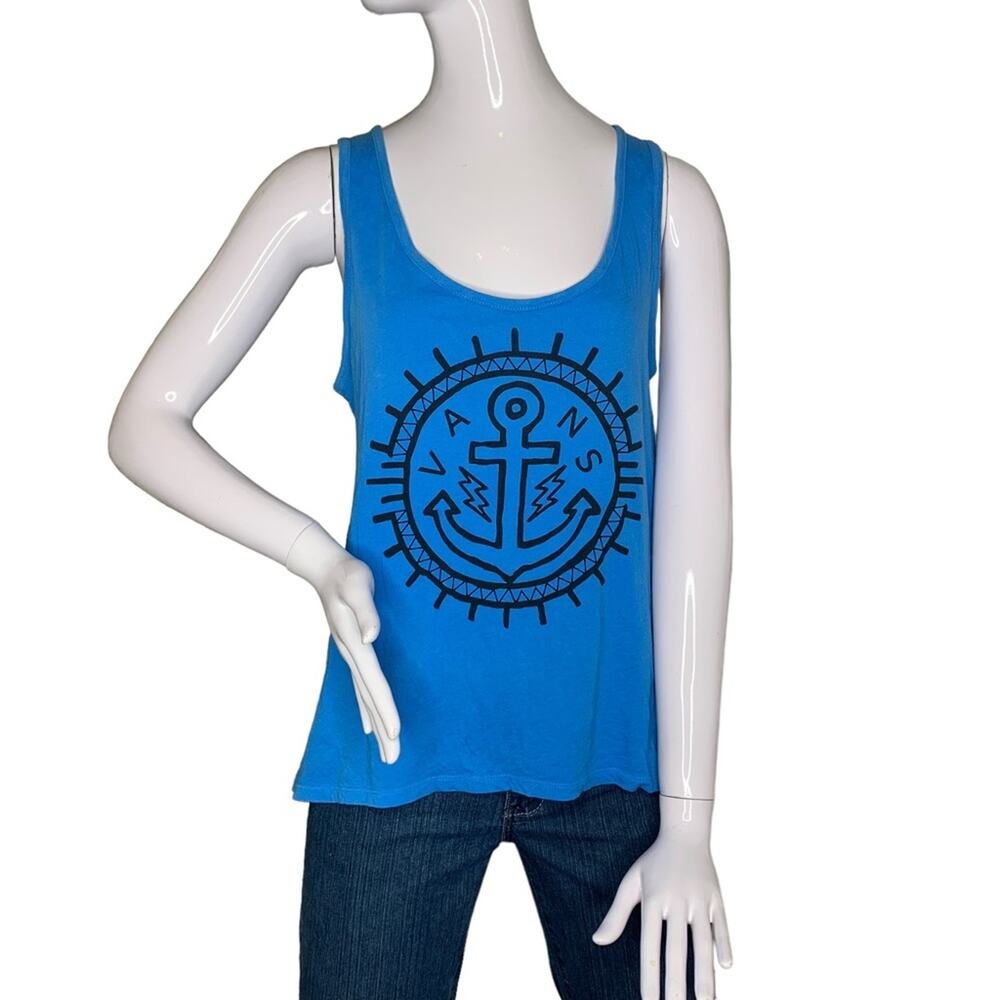 Vans Off The Wall Muscle Tee Size Small Blue with Black Nautical Graphics